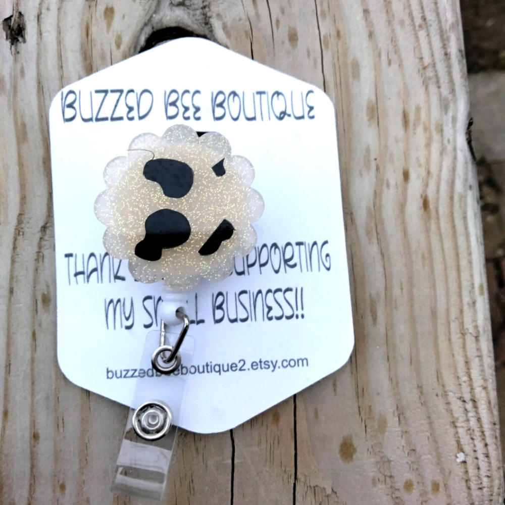 Cow print scallop edge retractable name badge reel ID holder